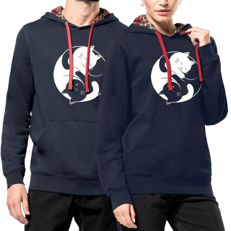 Sweat capuche à motifs unisexe bleu marine et rouge tartan Yin Yang Cat (Le Duc,Animaux,Chats)