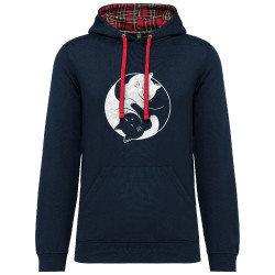 Sweat capuche à motifs unisexe bleu marine et rouge tartan Yin Yang Cat (Le Duc,Animaux,Chats)