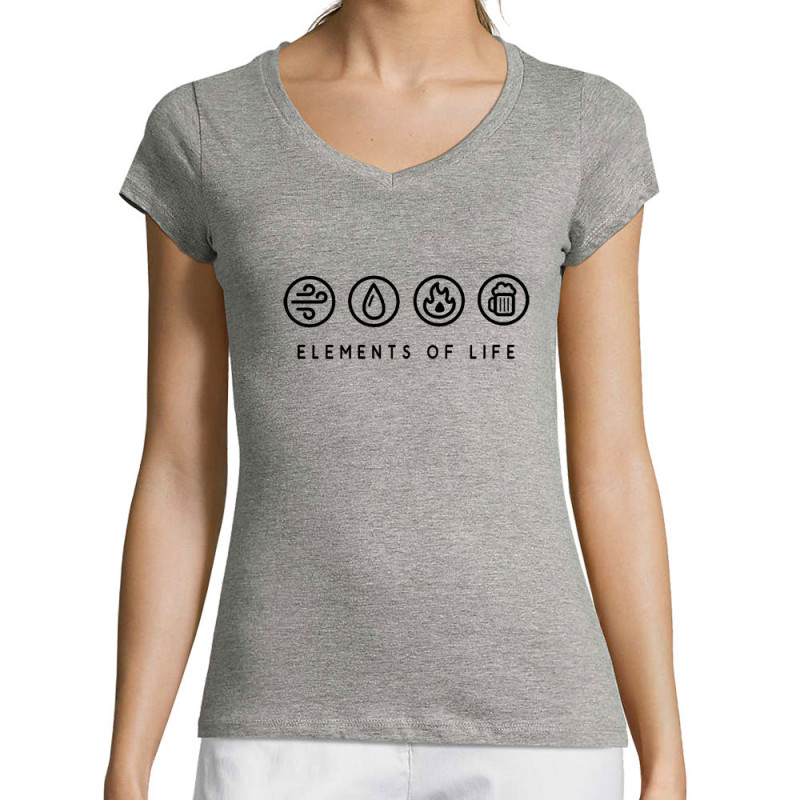 T-shirt femme col V gris chiné Elements of Life (Baxt,Alcool)