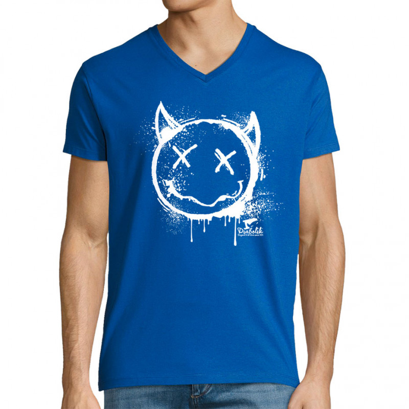 T-shirt homme col V bleu royal Evil Smiley (Gondrax,Têtes de morts,Diabolik)