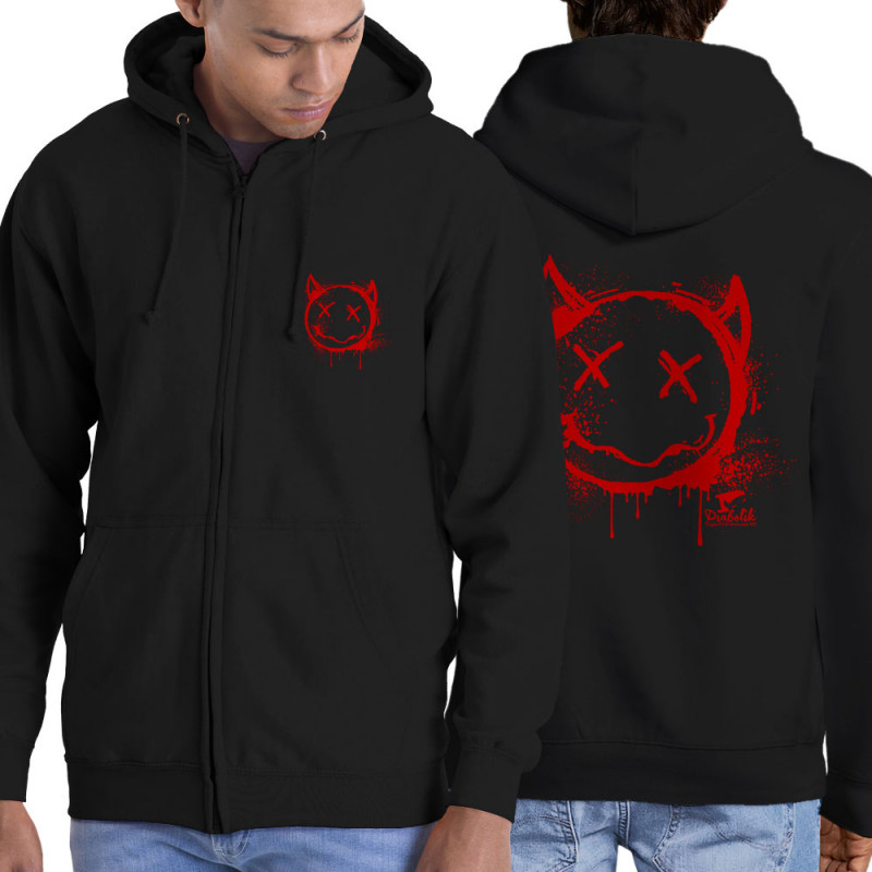 Sweat homme à capuche zippé noir Evil Smiley (Gondrax,Têtes de morts,Diabolik)