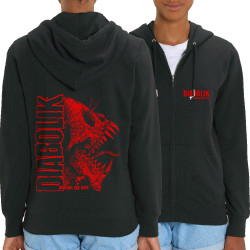 Sweat femme zippé à capuche coton bio noir Devil Monster (Gondrax,Diabolik,Têtes de morts)
