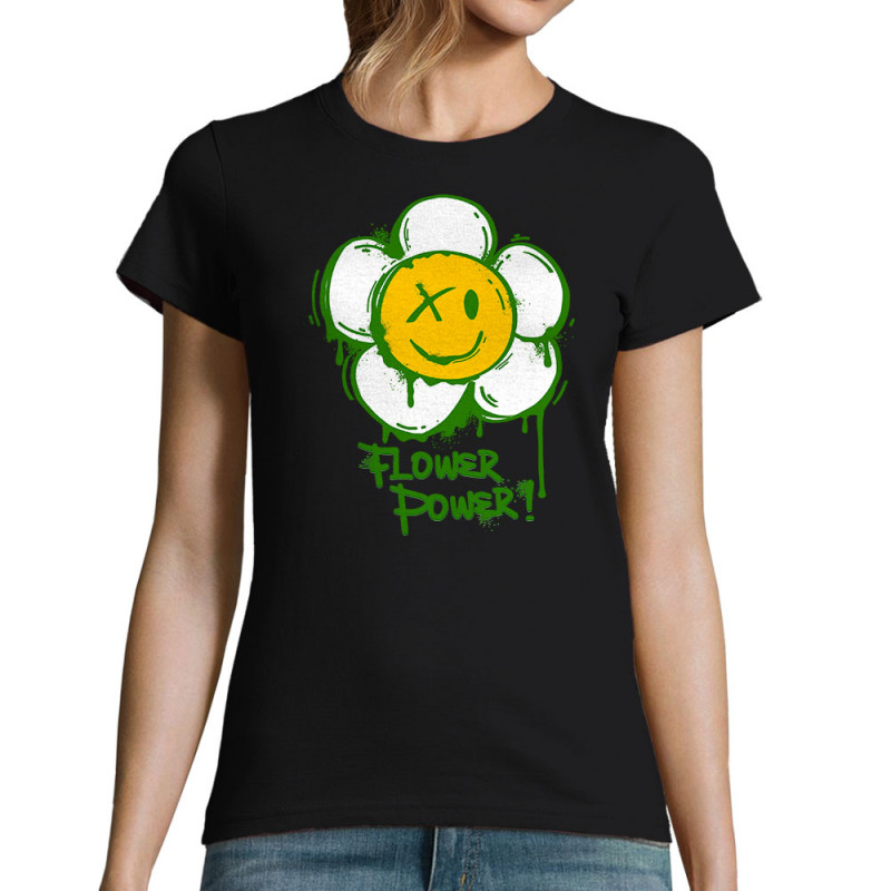 T-shirt femme noir Flower Power (Gondrax,Humour,Divers)