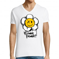T-shirt homme col V blanc Flower Power (Gondrax,Humour,Divers)