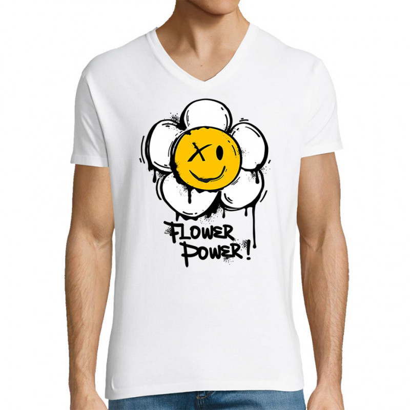 T-shirt homme col V blanc Flower Power (Gondrax,Humour,Divers)