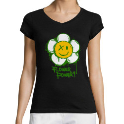 T-shirt femme col V noir Flower Power (Gondrax,Humour,Divers)