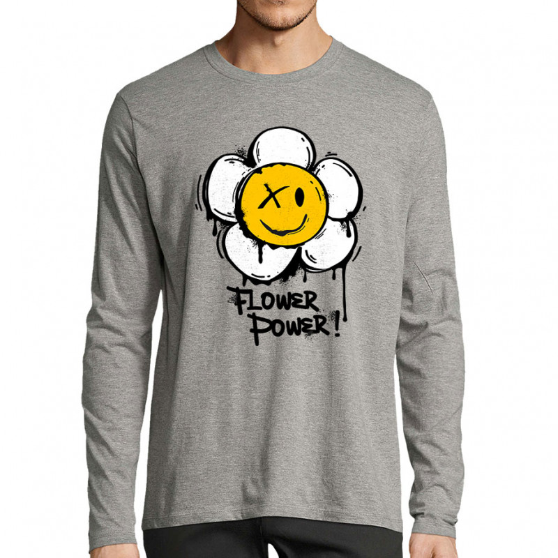 T-shirt homme manches longues gris chiné Flower Power (Gondrax,Humour,Divers)