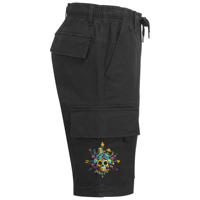 Short cargo homme noir Skull Flowers (Zewa,Ethnique,Têtes de morts)