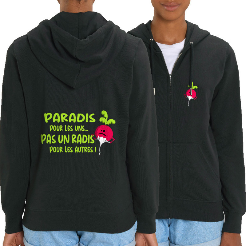 Sweat femme zippé à capuche coton bio noir Pas un radis (Gondrax,Fruits & Légumes,Slogans Débiles)