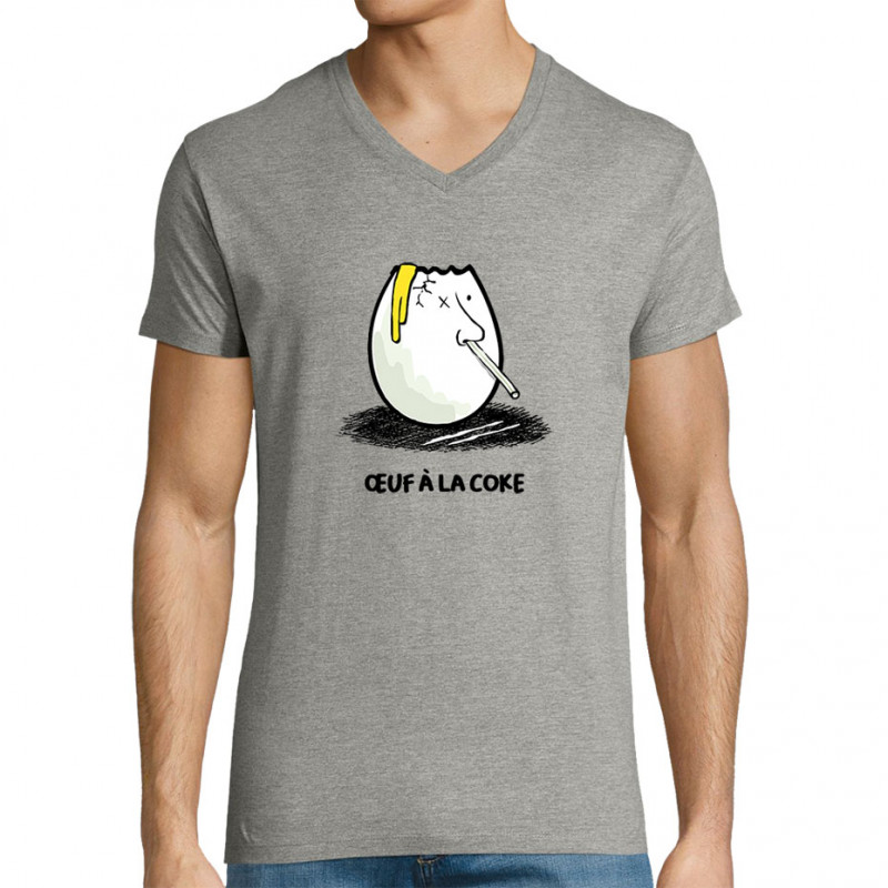 T-shirt homme col V gris chiné Œuf à la coke (Gondrax,Fruits & Légumes,Humour)