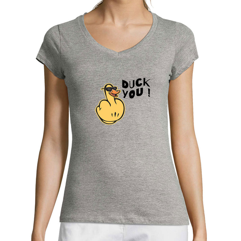 T-shirt femme col V gris chiné Duck You (Andy,Humour)