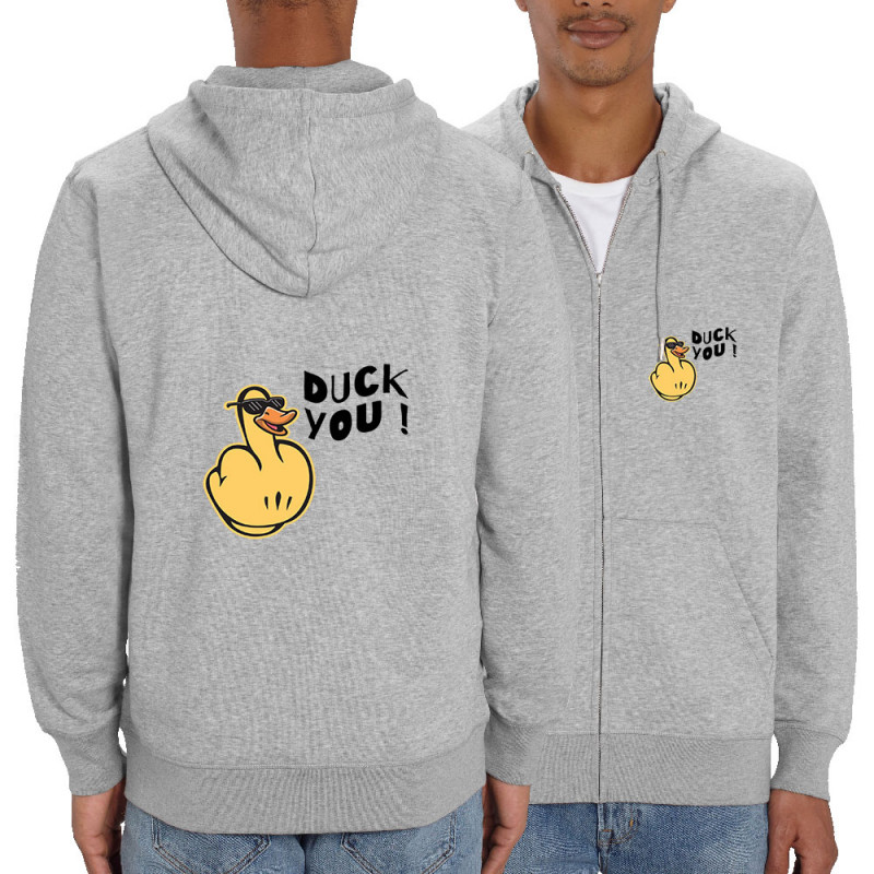Sweat homme zippé à capuche coton bio gris chiné Duck You (Andy,Humour)