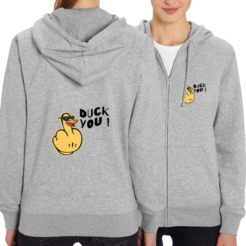 Sweat femme zippé à capuche coton bio gris chiné Duck You (Andy,Humour)