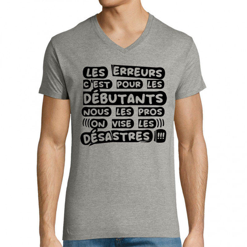 T-shirt homme col V gris chiné Les erreurs (Zewa,Slogans Débiles)