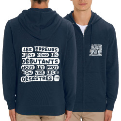 Sweat homme zippé à capuche coton bio bleu marine Les erreurs (Zewa,Slogans Débiles)