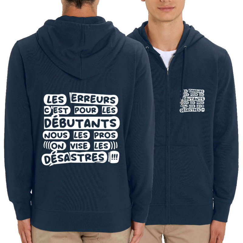 Sweat homme zippé à capuche coton bio bleu marine Les erreurs (Zewa,Slogans Débiles)