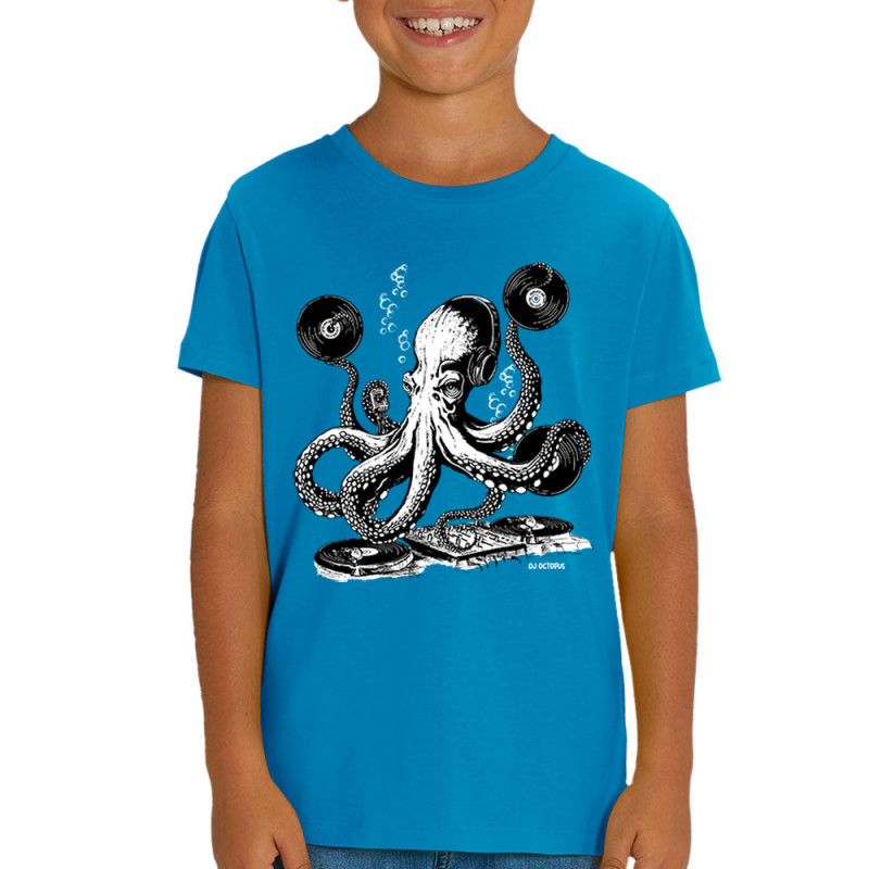 T-shirt enfant coton bio bleu azur DJ Octopus (Gondrax,Les Bébêtes,Animaux,Teufeur)