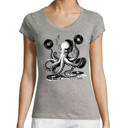 T-shirt femme col V gris chiné DJ Octopus (Gondrax,Les Bébêtes,Animaux,Teufeur)
