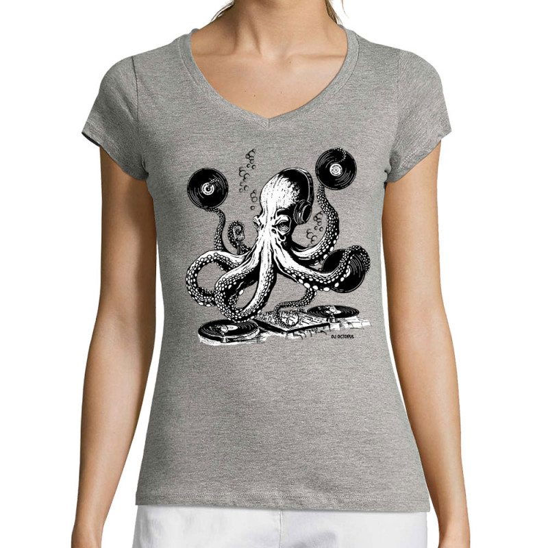 T-shirt femme col V gris chiné DJ Octopus (Gondrax,Les Bébêtes,Animaux,Teufeur)