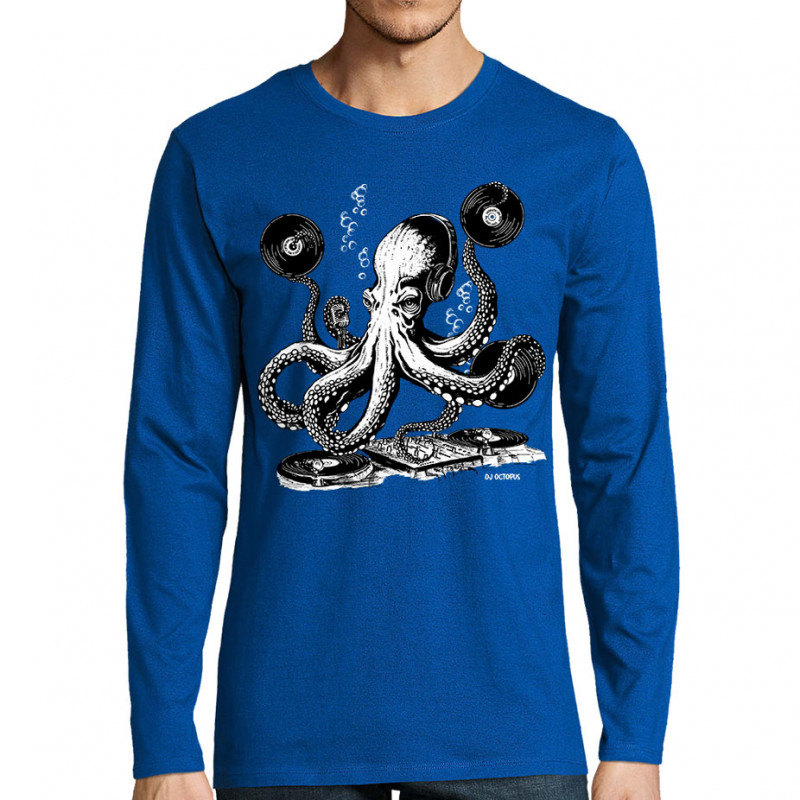 T-shirt homme manches longues bleu royal DJ Octopus (Gondrax,Les Bébêtes,Animaux,Teufeur)