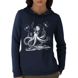 Sweat femme à capuche coton bio bleu marine DJ Octopus (Gondrax,Les Bébêtes,Animaux,Teufeur)