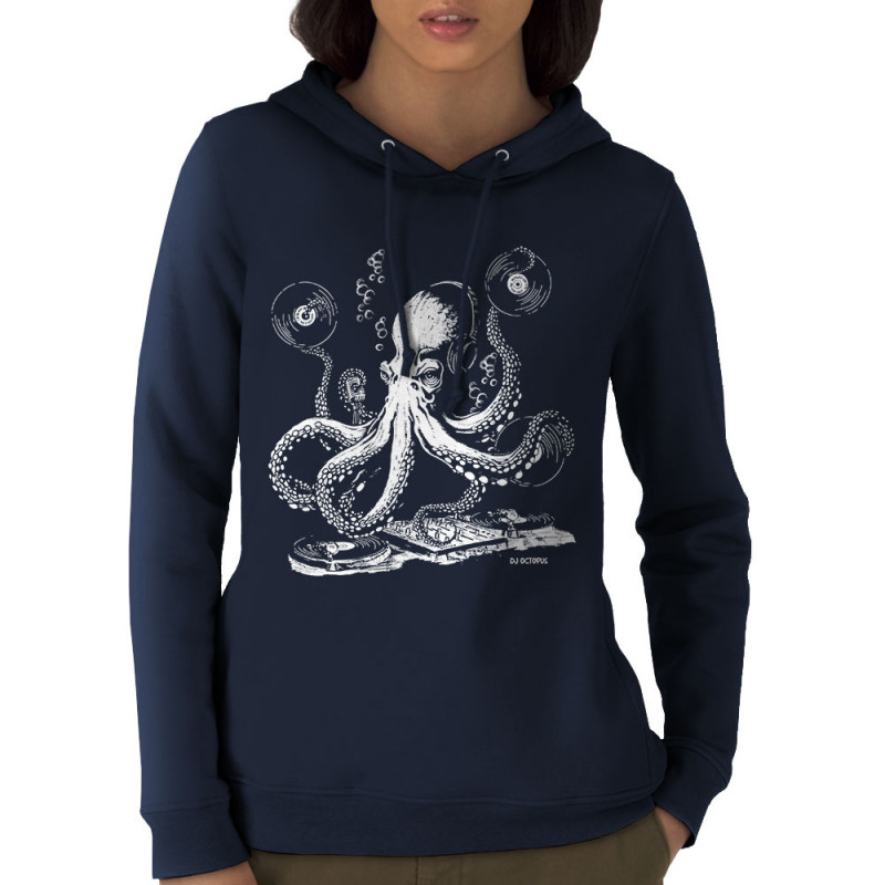 Sweat femme à capuche coton bio bleu marine DJ Octopus (Gondrax,Les Bébêtes,Animaux,Teufeur)