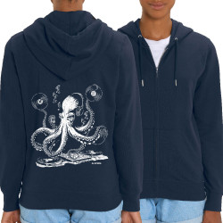 Sweat femme zippé à capuche coton bio bleu marine DJ Octopus (Gondrax,Les Bébêtes,Animaux,Teufeur)