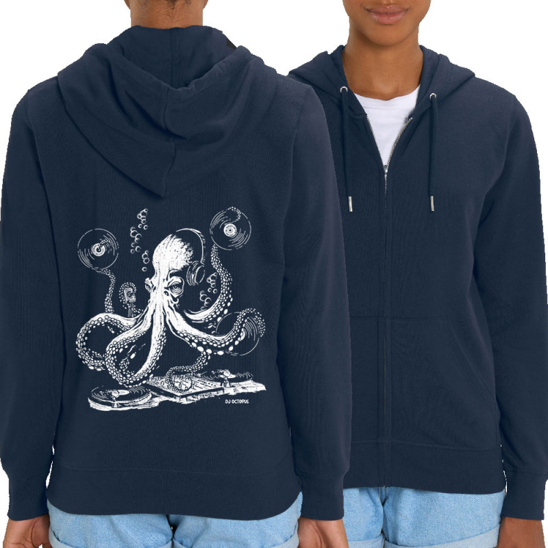 Sweat femme zippé à capuche coton bio bleu marine DJ Octopus (Gondrax,Les Bébêtes,Animaux,Teufeur)