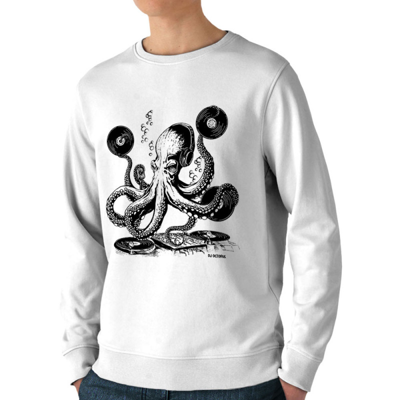 Sweat homme bio col rond blanc DJ Octopus (Gondrax,Les Bébêtes,Animaux,Teufeur)