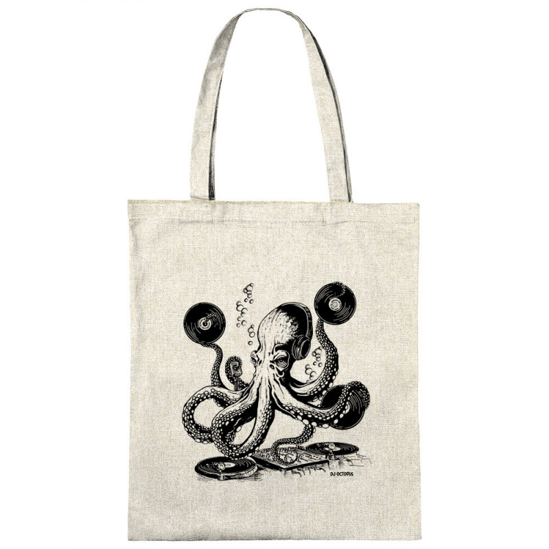 Sac shopping en toile naturel DJ Octopus (Gondrax,Les Bébêtes,Animaux,Teufeur)