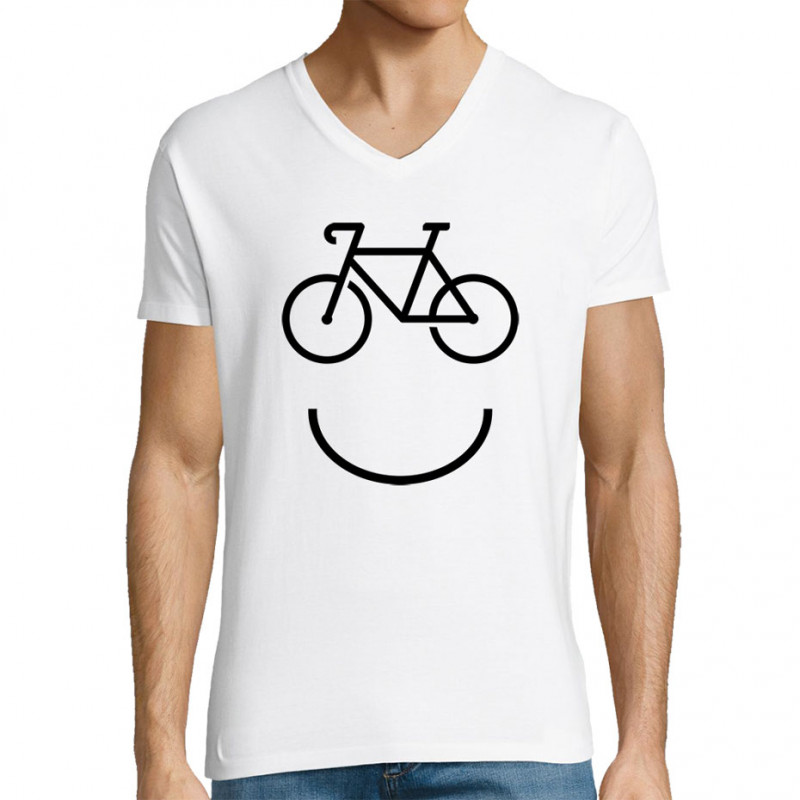 T-shirt homme col V blanc Bike Smiley (Gondrax,Vélo)