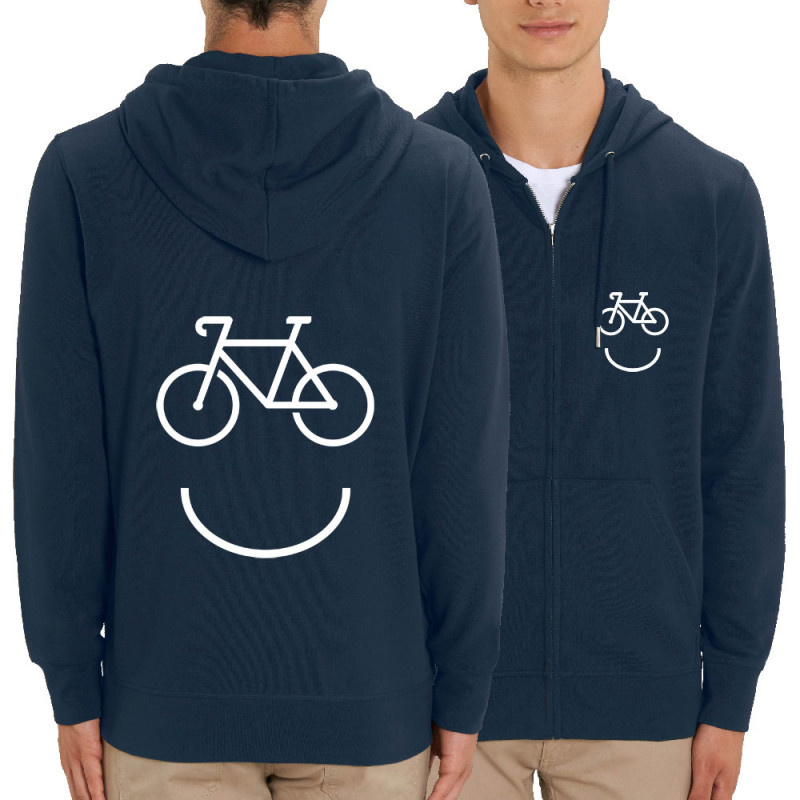 Sweat homme zippé à capuche coton bio bleu marine Bike Smiley (Gondrax,Vélo)