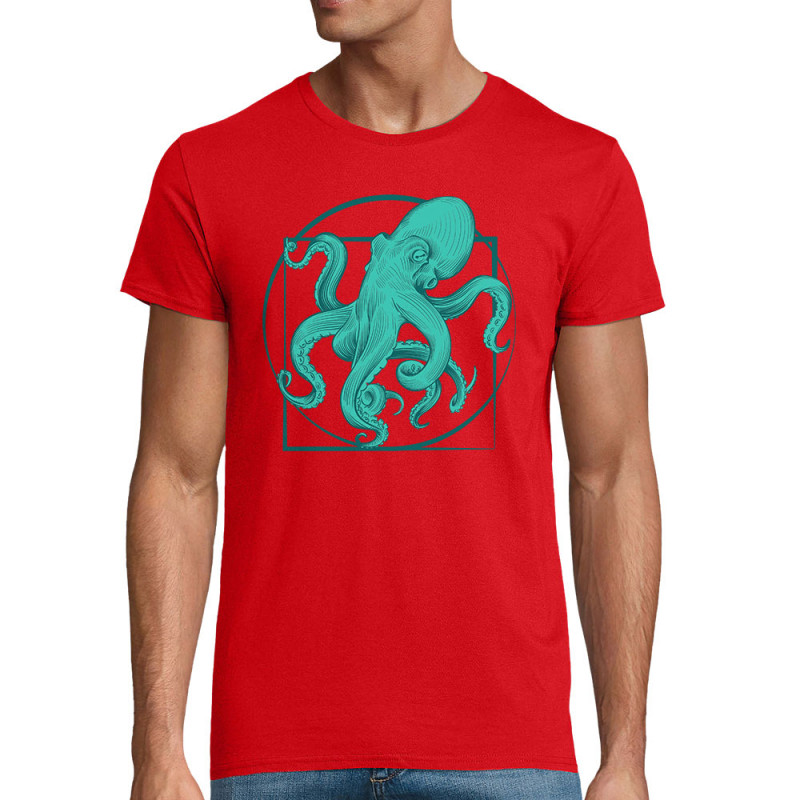 T-shirt homme coton bio rouge Le poulpe de vitruve (Gondrax,Animaux,Détournements,Homme de Vitruve)