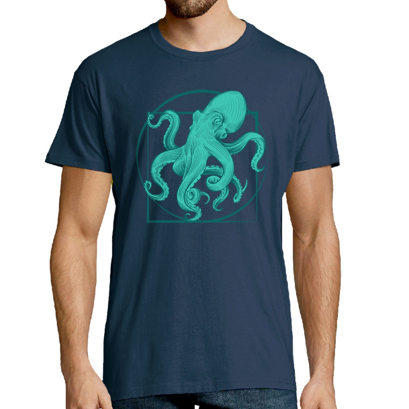 Tee-shirt homme bleu denim Le poulpe de vitruve (Gondrax,Animaux,Détournements,Homme de Vitruve)