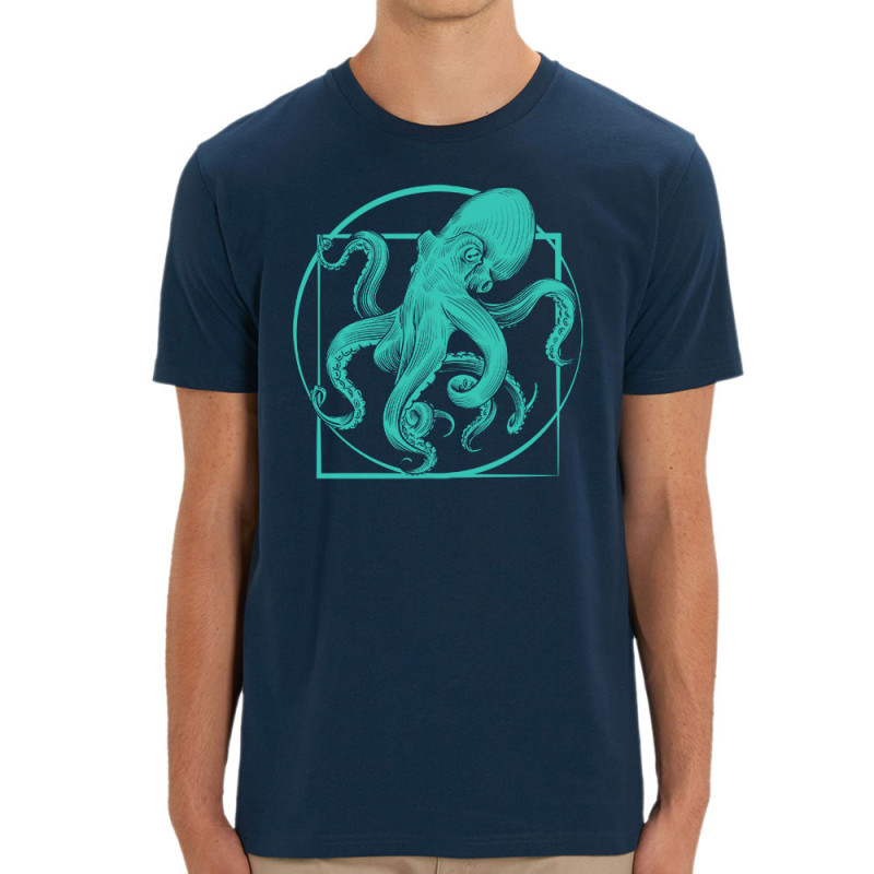 T-shirt homme coton bio bleu marine Le poulpe de vitruve (Gondrax,Animaux,Détournements,Homme de Vitruve)