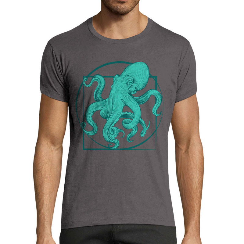 T-shirt homme fit gris foncé Le poulpe de vitruve (Gondrax,Animaux,Détournements,Homme de Vitruve)