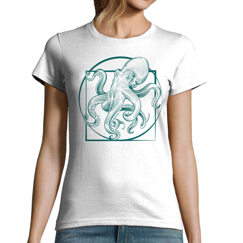 T-shirt femme blanc Le poulpe de vitruve (Gondrax,Animaux,Détournements,Homme de Vitruve)