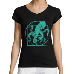 T-shirt femme col V noir Le poulpe de vitruve (Gondrax,Animaux,Détournements,Homme de Vitruve)
