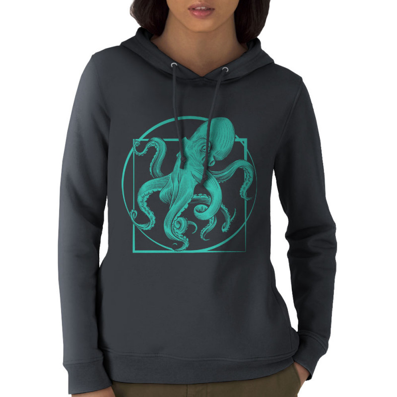 Sweat femme à capuche coton bio gris anthracite Le poulpe de vitruve (Gondrax,Animaux,Détournements,Homme de Vitruve)