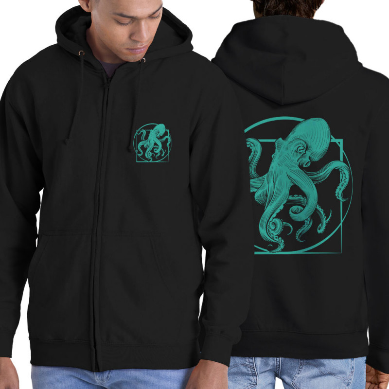 Sweat homme à capuche zippé noir Le poulpe de vitruve (Gondrax,Animaux,Détournements,Homme de Vitruve)