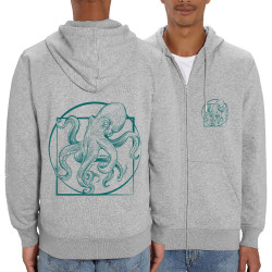 Sweat homme zippé à capuche coton bio gris chiné Le poulpe de vitruve (Gondrax,Animaux,Détournements,Homme de Vitruve)