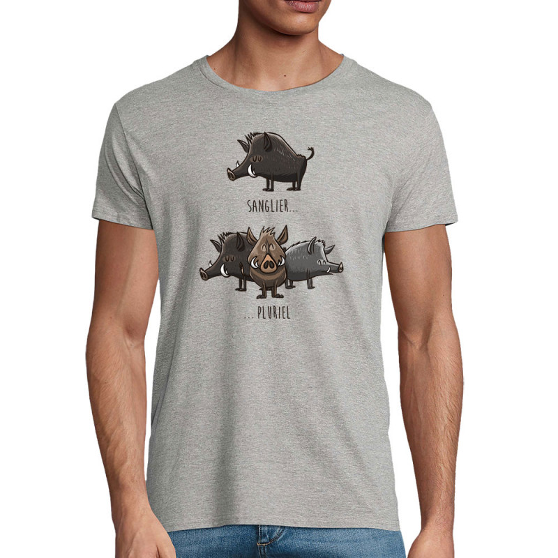 T-shirt homme coton bio gris chiné Sanglier Pluriel (Mr Mouton,Animaux,Humour)
