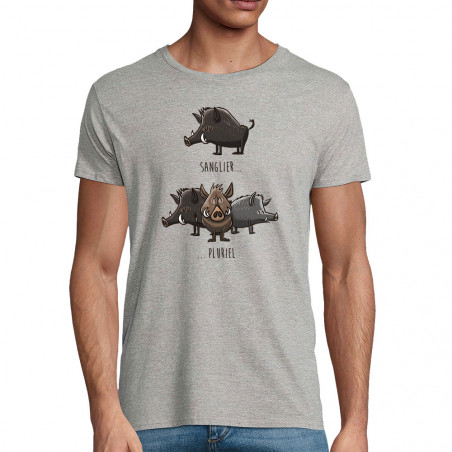 T-shirt homme coton bio gris chiné Sanglier Pluriel (Mr Mouton,Animaux,Humour)