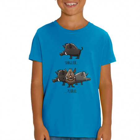 T-shirt enfant coton bio bleu azur Sanglier Pluriel (Mr Mouton,Animaux,Humour)