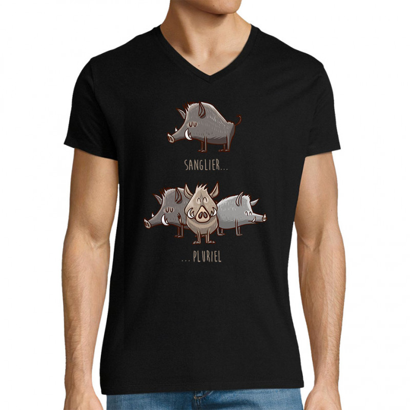 T-shirt homme col V noir Sanglier Pluriel (Mr Mouton,Animaux,Humour)