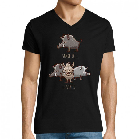 T-shirt homme col V noir Sanglier Pluriel (Mr Mouton,Animaux,Humour)