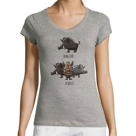 T-shirt femme col V gris chiné Sanglier Pluriel (Mr Mouton,Animaux,Humour)