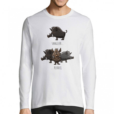 T-shirt homme manches longues blanc Sanglier Pluriel (Mr Mouton,Animaux,Humour)