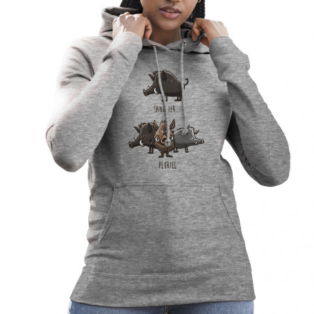 Sweat femme à capuche gris chiné Sanglier Pluriel (Mr Mouton,Animaux,Humour)