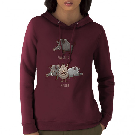 Sweat femme à capuche coton bio bordeaux Sanglier Pluriel (Mr Mouton,Animaux,Humour)